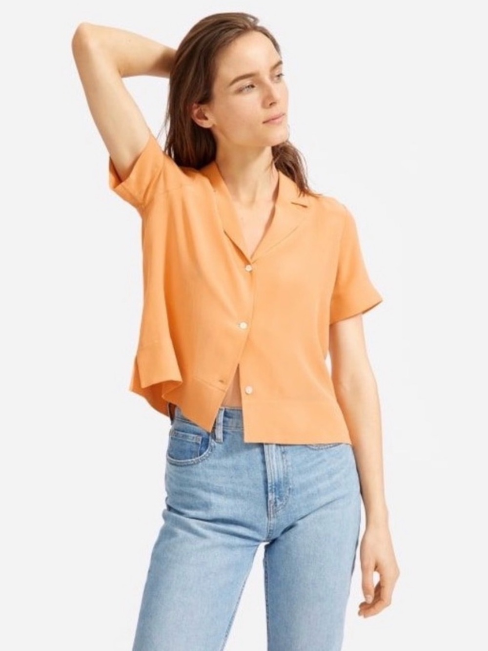 Everlane orange peach 100% silk short sleeve button down blouse size 4